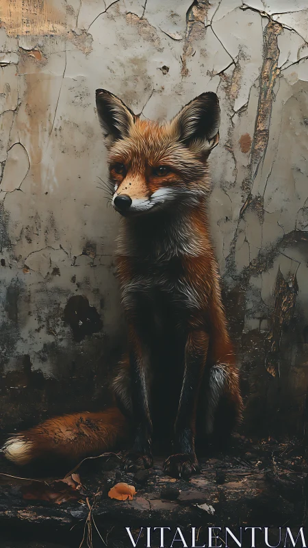 Streetwise fox pauses by a cracked concrete daydream wall.