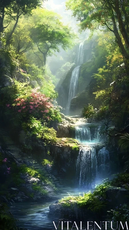 Gentle forest waterfall sanctuary bathed in soft morning light.