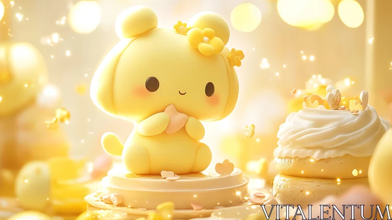 Luminescent 3D Rendered Chubby Character with Floral Adornments and Bokeh Effects