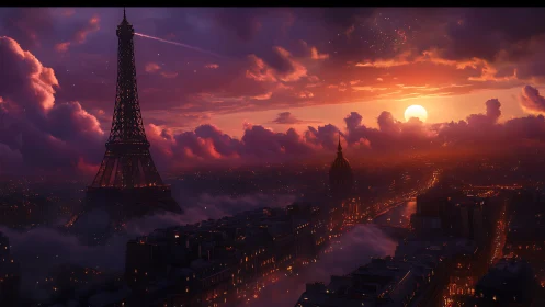 Digital painting of Paris skyline at dusk with luminous haze.
