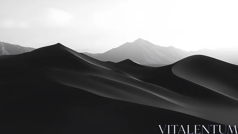 Monochrome desert dunes with soft backlit mountain silhouettes.