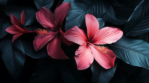 Crimson Hibiscus Blooms Against Deep Teal Foliage.