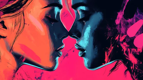 Two neon-lit faces drift together in an intimate near-kiss