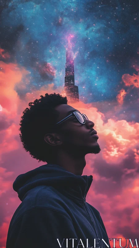 Skybound dreamer beneath neon cosmos and rising tower.