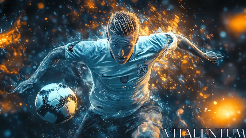 Kinetic digital footballer amid bifurcated plasma lightfield.