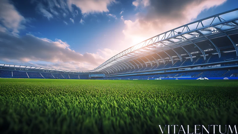 Modern football stadium interior is shown from pitch level