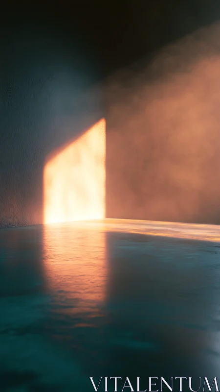 Volumetric sunset light through doorway on reflective floor.