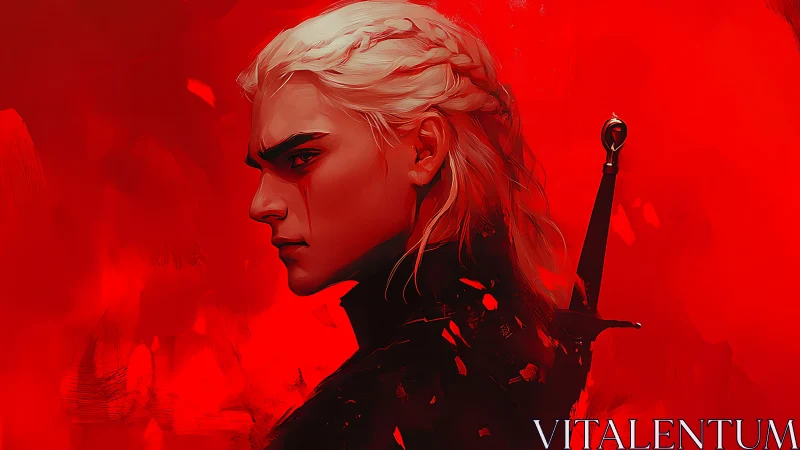 White haired warrior in red background profile portrait