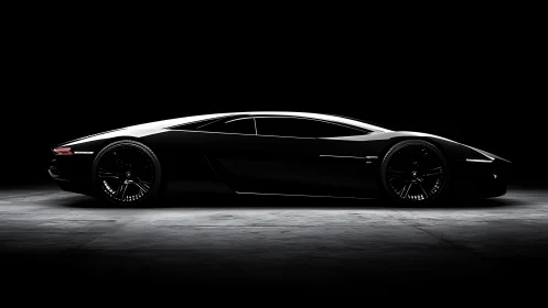 Sleek black supercar glides through shadows with quiet power