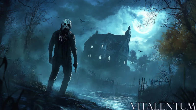 Masked killer stalks a haunted house under a cold moonlit sky