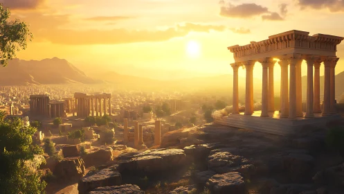 Sunlit classical hilltop temple above expansive stone city.