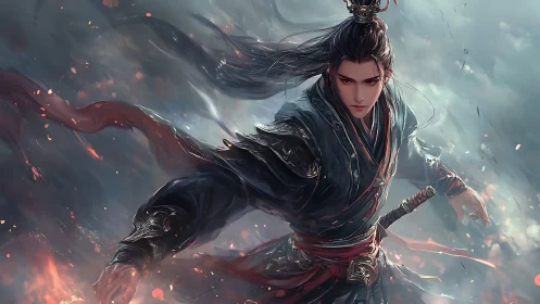 Dynamic wuxia swordsman rendered with high-energy motion blur lighting