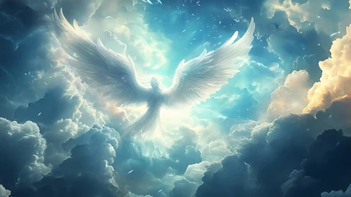 Winged luminous figure rises amid dense illuminated clouds