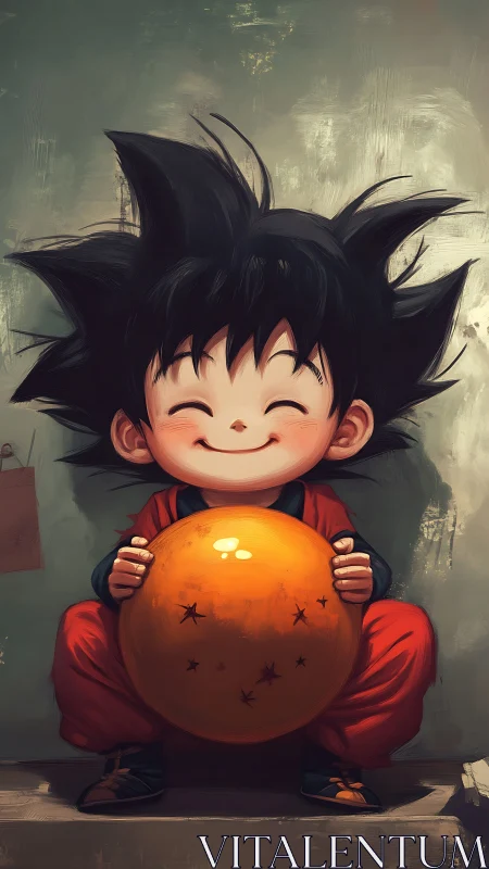 Child anime warrior clutching glowing dragon sphere, soft shading