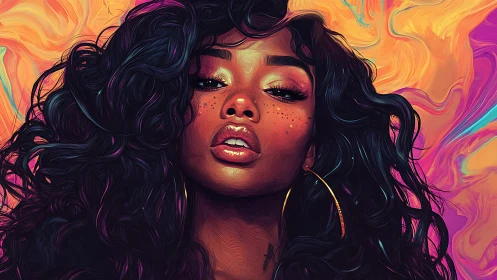 Chromatic vector portrait with fluid hair-field dynamics.