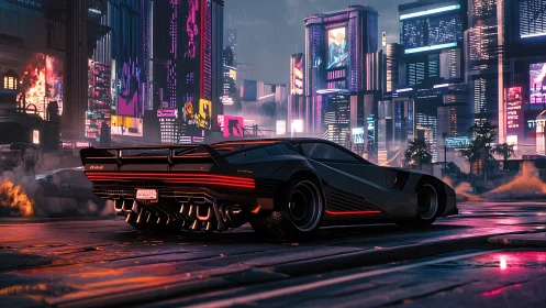 Futuristic sports car on wet street in neon cityscape at dusk.