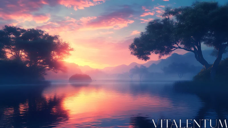 Radiant misty lakeside sunset rendered in hyperreal color depth