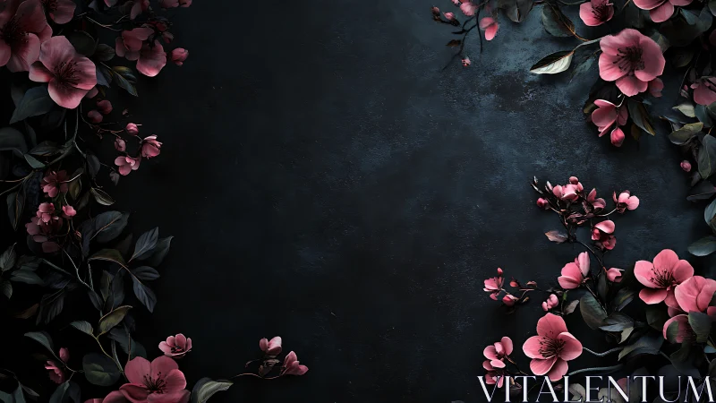 Pink Cherry Blossoms Arranged Against Textured Dark Slate Background.