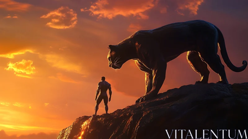 Human figure confronts large feline on rocky elevation.