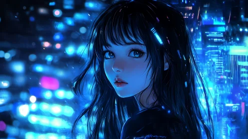Neon city lights frame a wistful anime girl at midnight