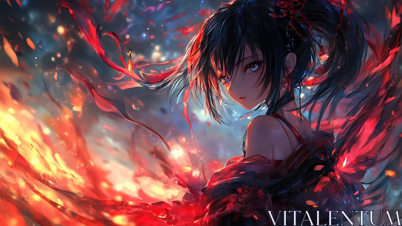 Dark haired anime girl in swirling red and blue light.