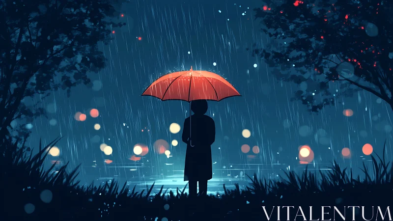 Silhouette under red umbrella beside neon lit rainy lake.