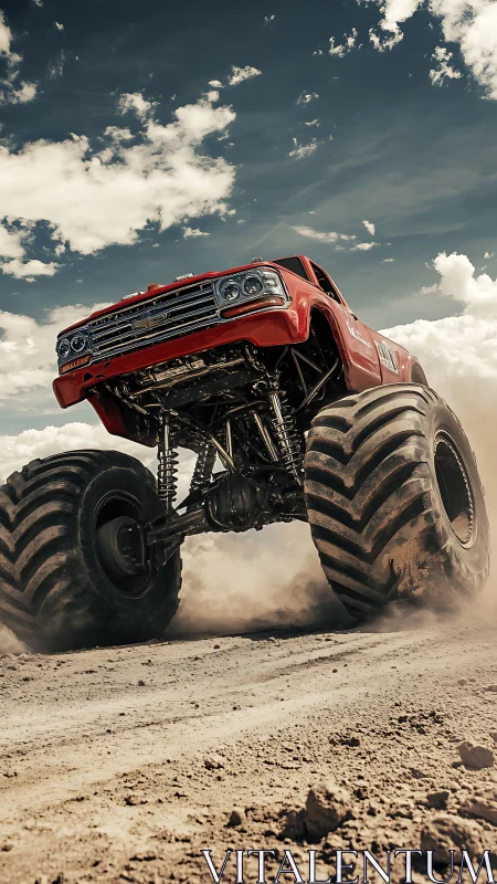 Roaring red monster truck kicking up dust under wide skies.