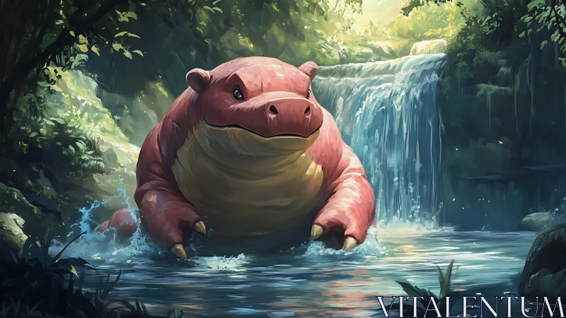 Pink river creature rests beneath sunlit jungle waterfall