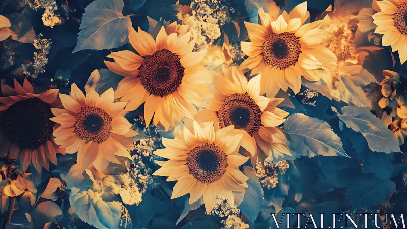 Warm golden sunflowers over cool blue foliage background