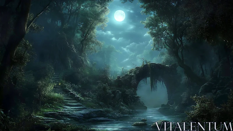 Moonlit forest bridge over a misty, whispering river.