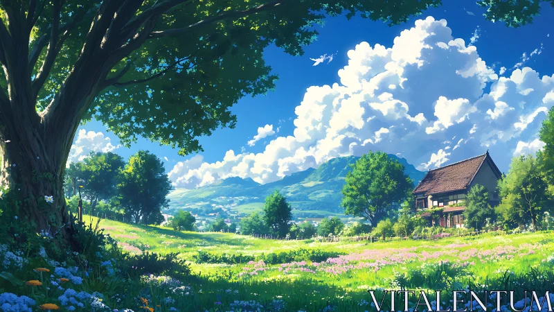 Sunlit country meadow and cottage under towering clouds.