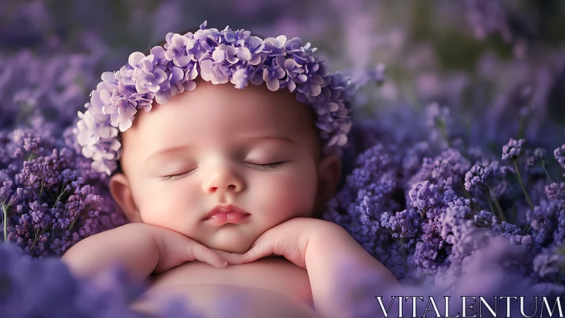 Slumbering cherub rests amid lavender blooms wearing floral crown