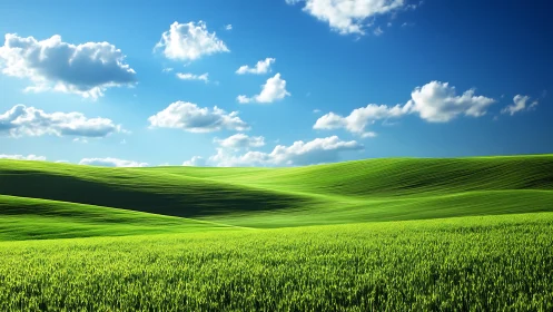 Grassy rolling hills under scattered cumulus clouds.