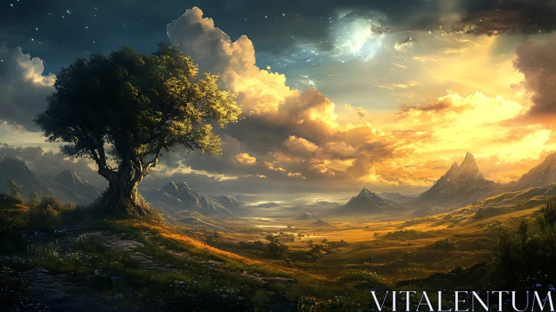 Solitary tree overlooks illuminated valley under layered sky