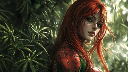 Redheaded forest heroine in web armor amid lush foliage.