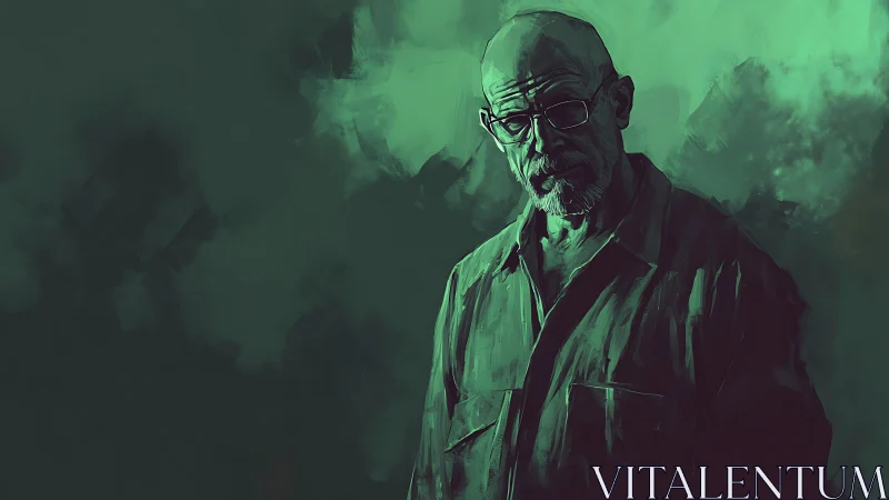 Moody teal portrait of stern bald man in painterly chiaroscuro.