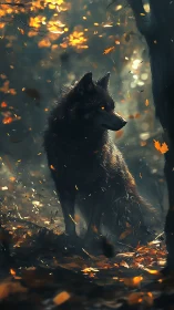 Dark-furred wolf stands in autumn forest under diffuse light