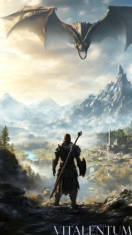 Armored warrior confronts a dragon above vast valley landscape.