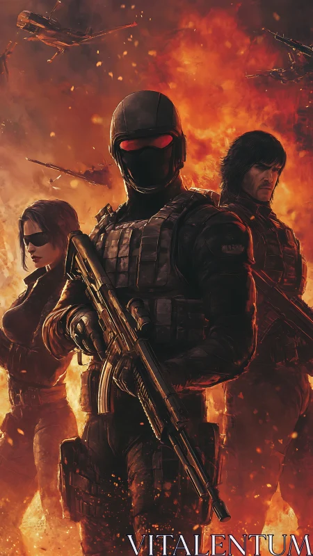 Elite tactical squad advancing through burning warzone.