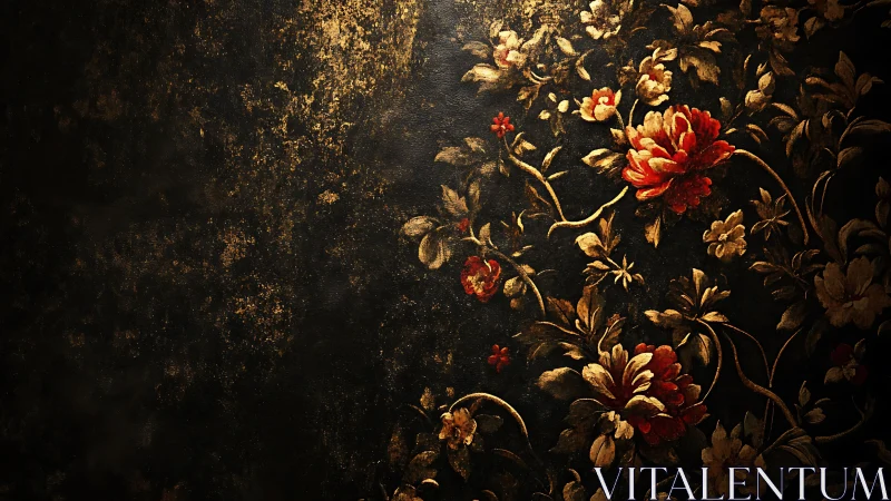 Dark floral wall pattern with red and gold blossoms.