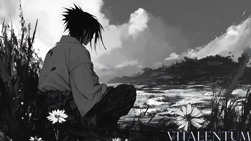 Solitary anime figure beside monochrome lakeside flowers.