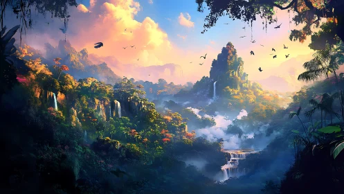 Hidden mountain waterfalls glow in a dreamy sunrise valley