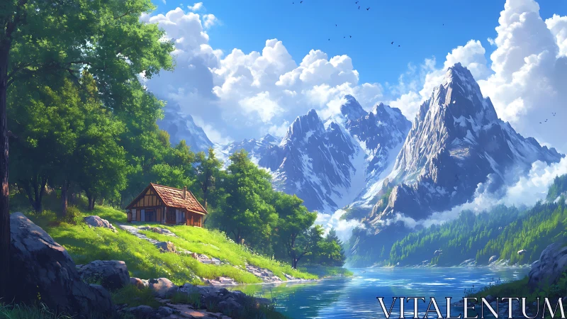 Sunlit mountain cabin rests peacefully beside a calm river