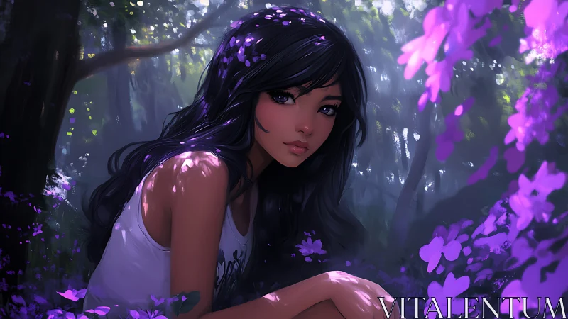 Forest girl in violet bloom with dappled dreamlight.