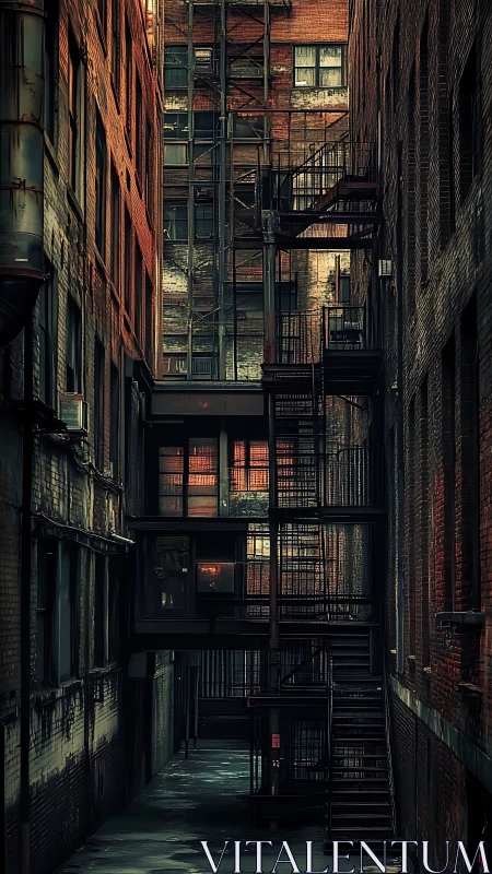 Narrow urban alley with metal fire escapes and brick facades.