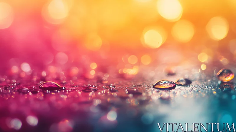 Macro water droplets reflect vivid sunset bokeh gradients.