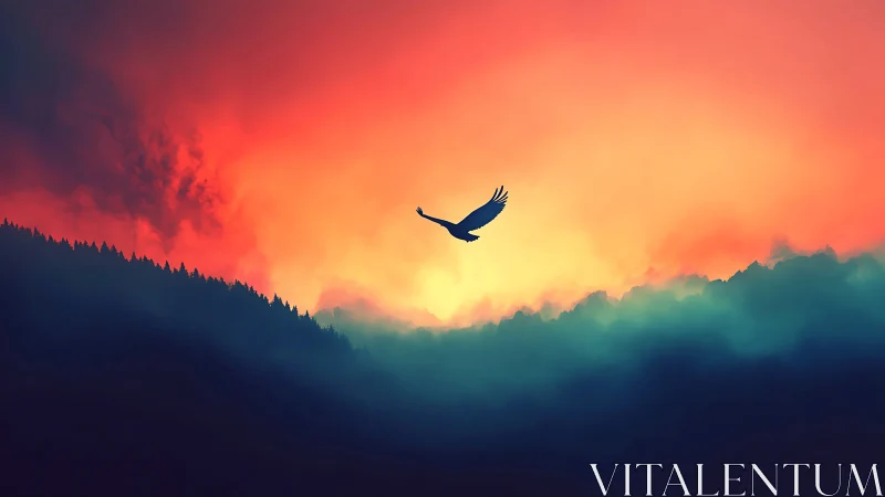 Silhouetted raptor crosses high-contrast sky gradient at dusk