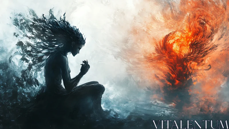 Elemental silhouette confronting blazing spirit of fire.