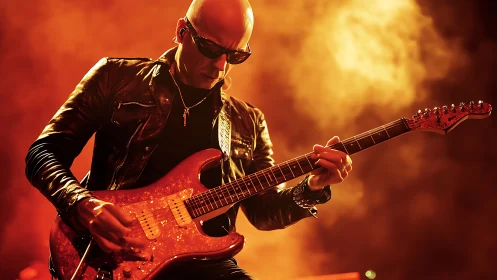 Rock guitarist in leather jacket under fiery stage lights.