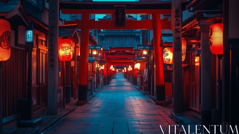 Nighttime alley with red torii gates and lantern lighting.